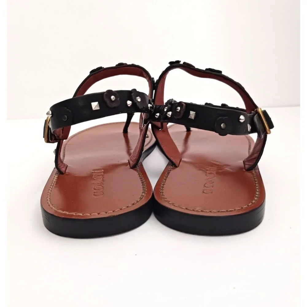 Coach Tea Rose Blk Leather Thong Sandals w Ankle Strap Floral Stud Trim US 10M